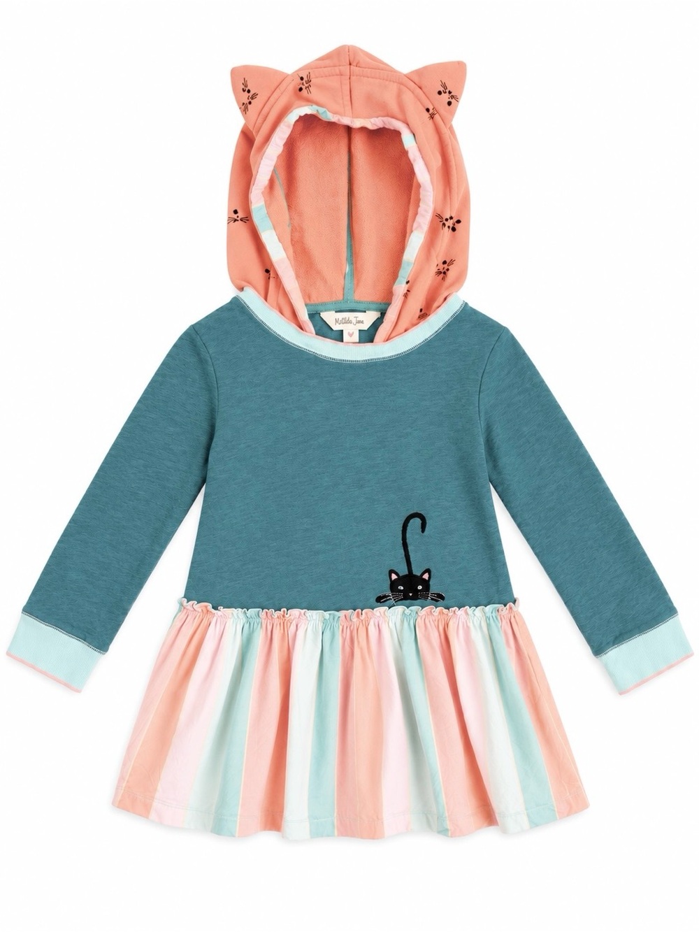 Matilda Jane Cat Ear Hooded Dress Size 6 Teal Striped Long Sleeve